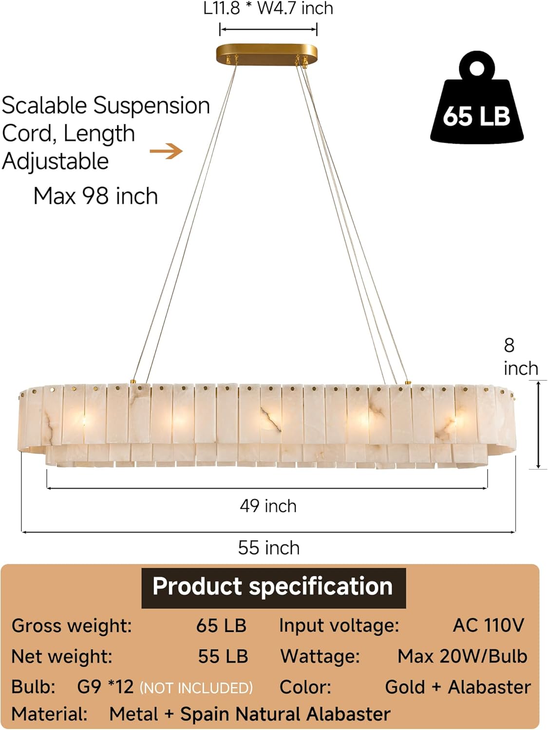 Inspired Alabaster Style Alabaster Chandelier Rectangle,Modern Dining Room Chandeliers,Spanish Marble Pendant Light Fixture for Living Room,Kitchen Island,L55 inchs,12-Lights G9