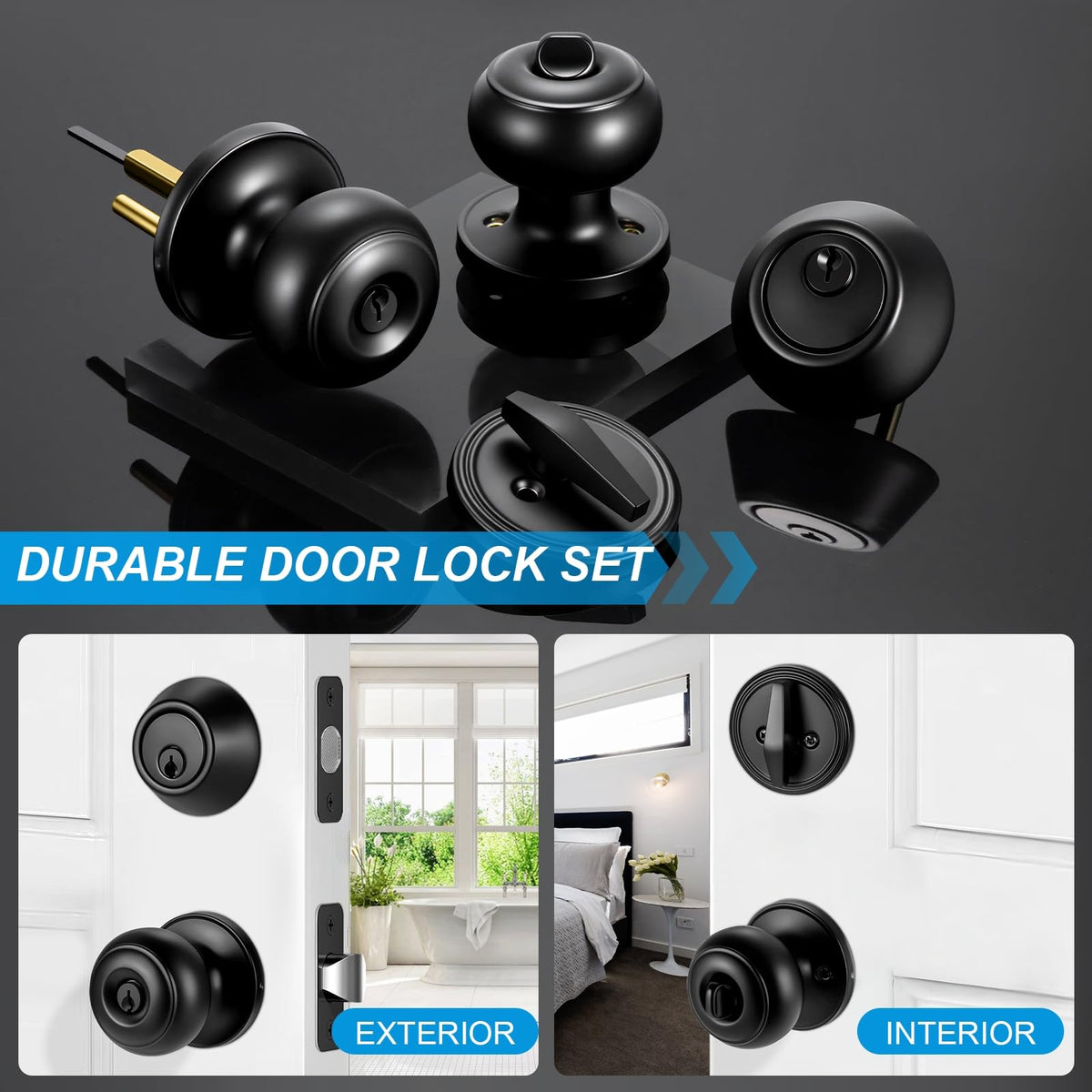2 Pack Front Door Lock Set Matte Black, Exterior Door Lock Set with Deadbolt, Single Cylinder Deadbolt Lock and Door