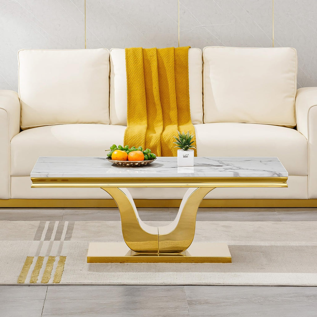 Set of 3 Faux Marble Coffee End Table Gold U Stainless Steel Base