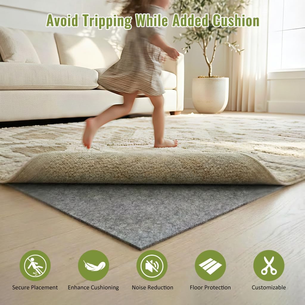 Felt Rug Pad with Gripper Dots, 8x10 Ft Non-Slip Rug Underpad with PVC Backing, 1/6" Thick Cushioned Carpet Pad - Set of 80