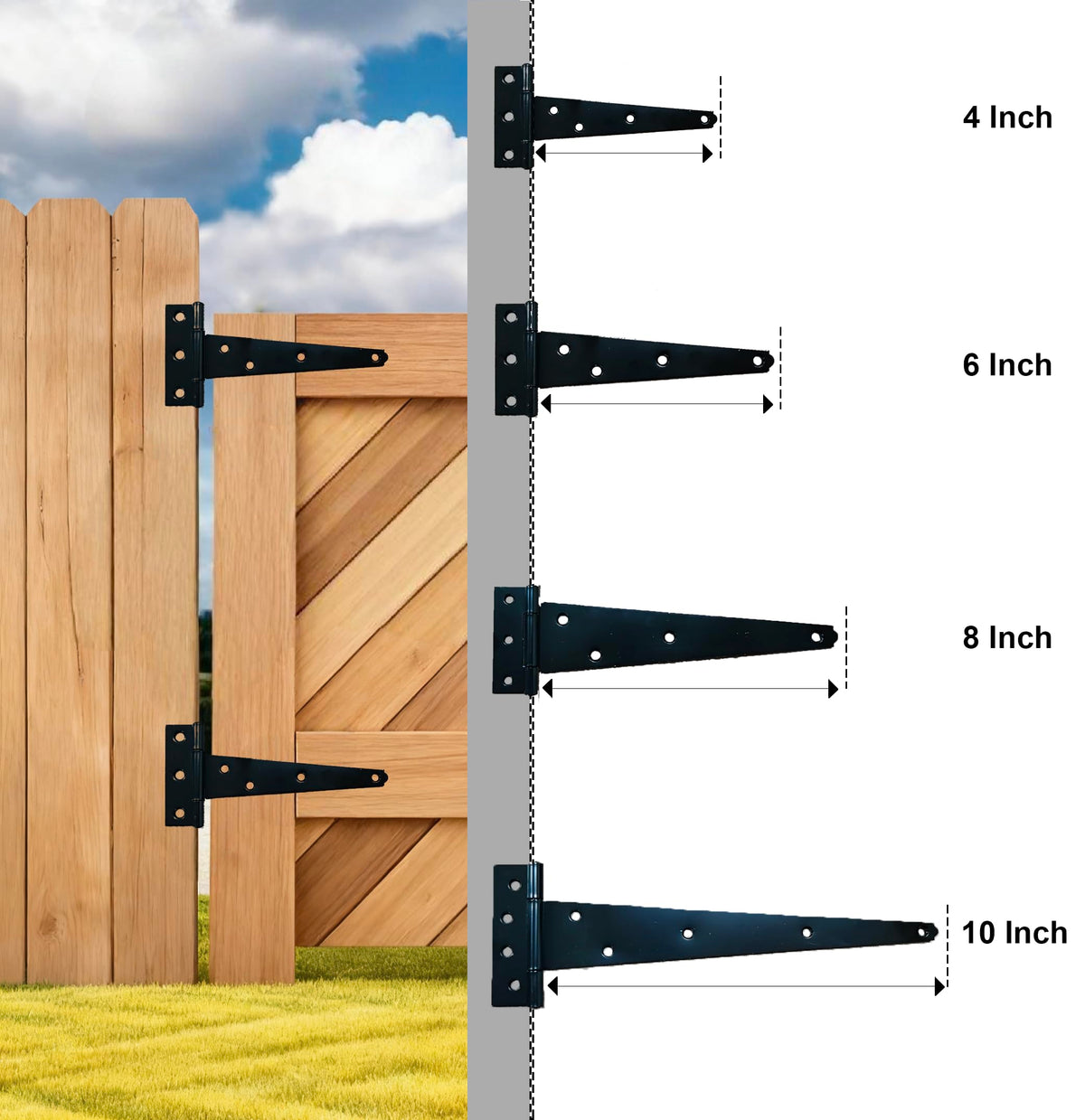 8 Inch Black T-Strap Shed Hinges, Heavy Duty Gate Strap Hinges for Barn Door, Shed or Wooden Fences (4 Pack)