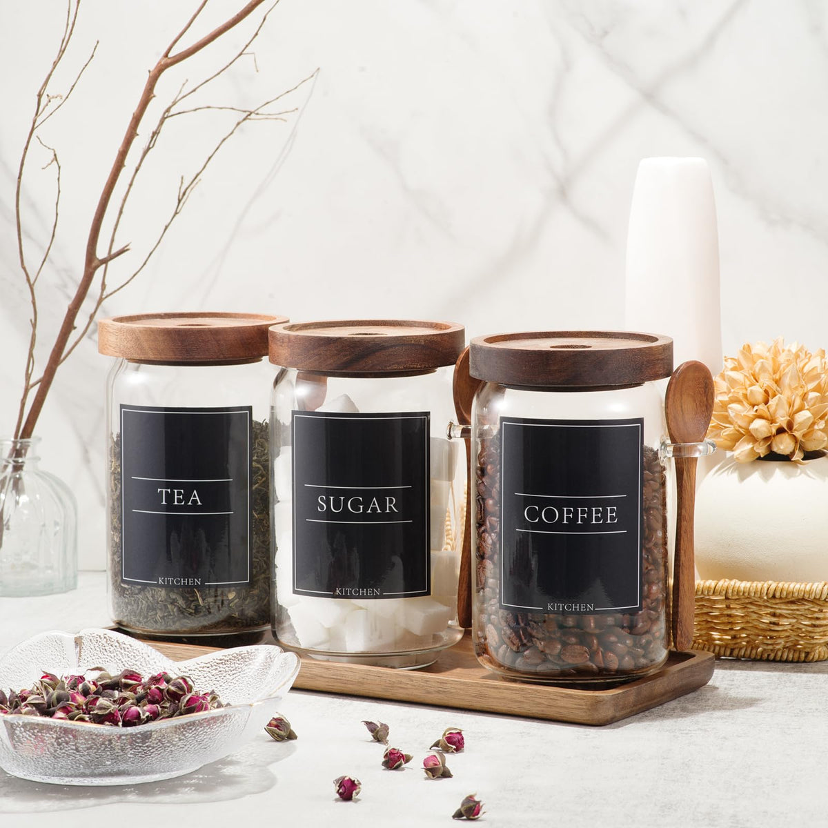 Coffee and Sugar Container Set, Glass Coffee Jars with Wooden Lids
