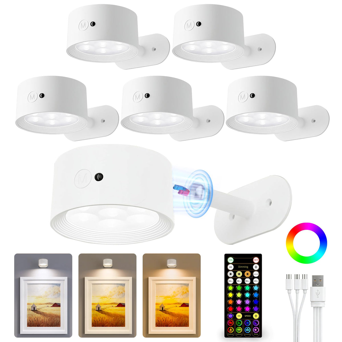 Picture Lights for Wall, 6 Pack Rechargeable Magnetic with Remote (White)