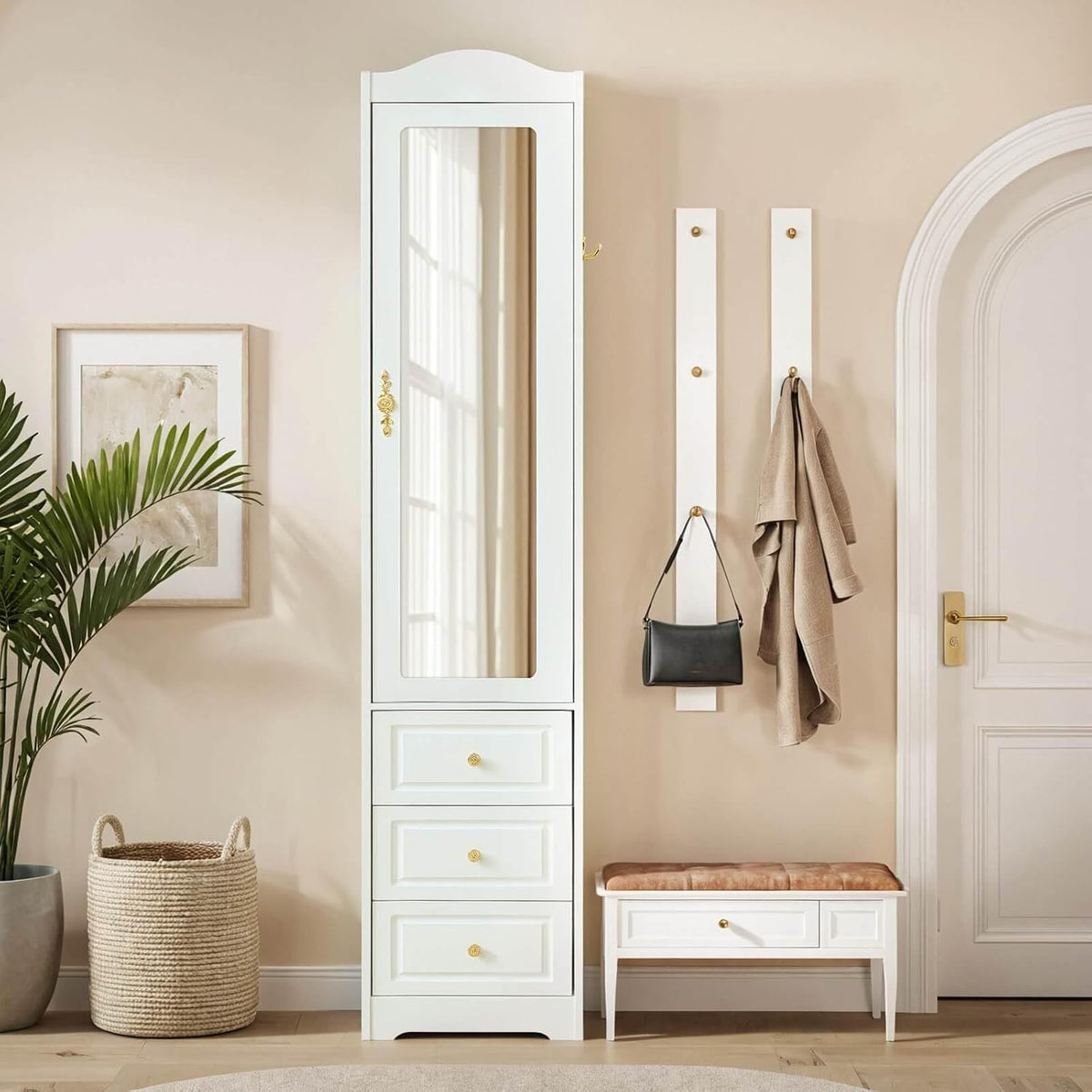 Armoire Wardrobe Closet, White Bedroom Armoires Cabinet with Mirror Door and 3 Drawers, 69.5" H Clothing Storage