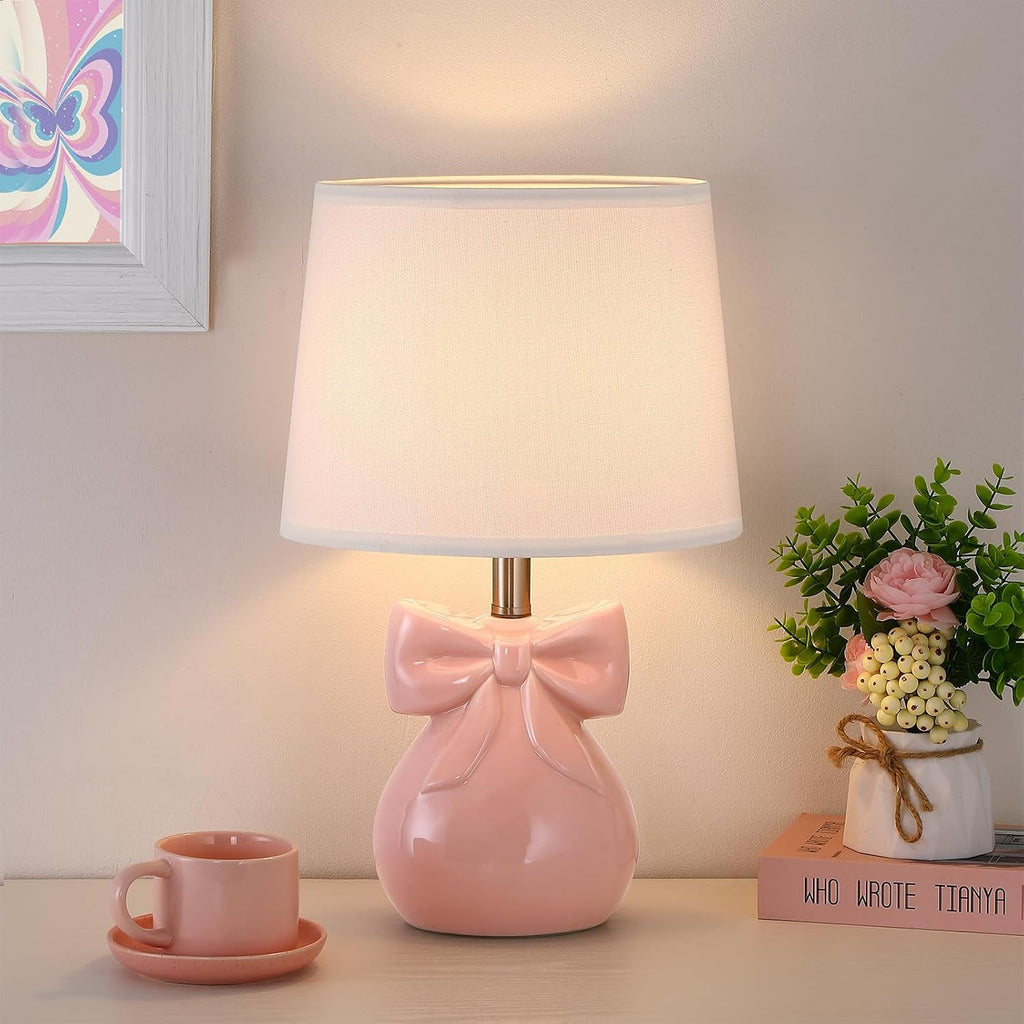 Pink Bow Table Lamp for Girl's Room, 19" Cute Lamp for Kids Bedroom