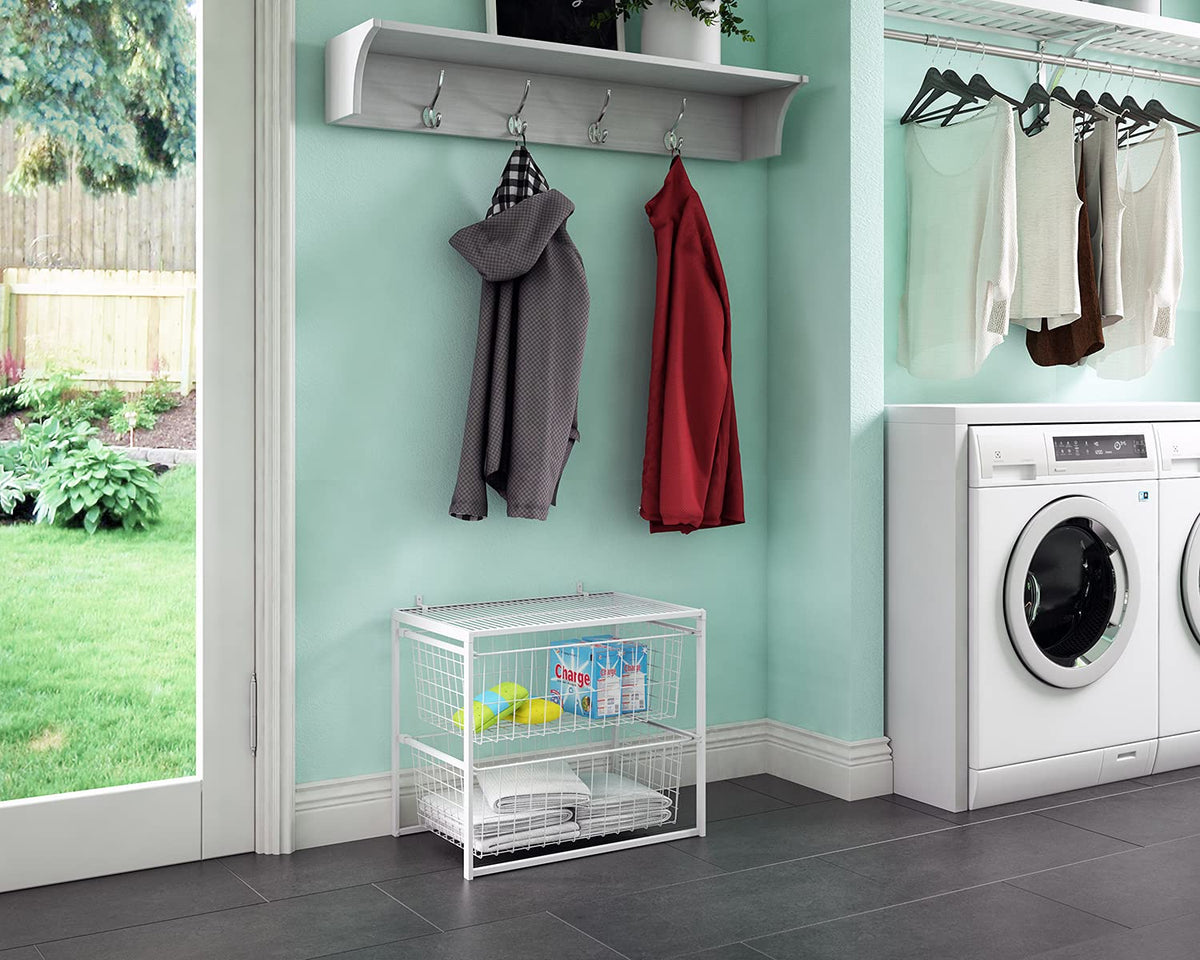 Wire Basket 2 Drawer Organizer Unit with Shelf for Pantry, Closet, Clothes, Linens, Sturdy Steel, Easy Assembly, White