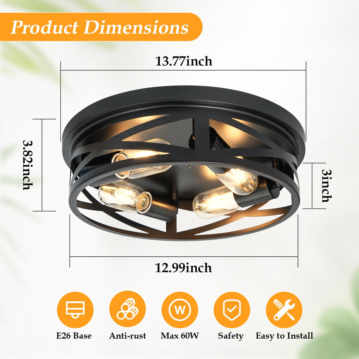 4-Light Flush Mount Ceiling Light Fixture, Farmhouse Ceiling Lights, Modern Black Close to Ceiling Light Bedroom