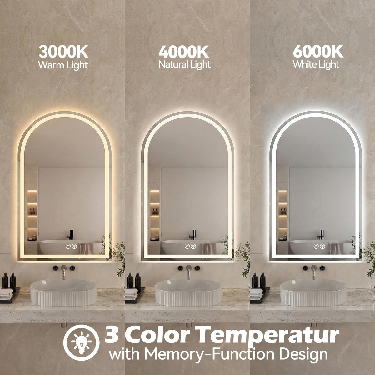 20"x28" LED Bathroom Mirror with Lights, Arched Vanity Mirror