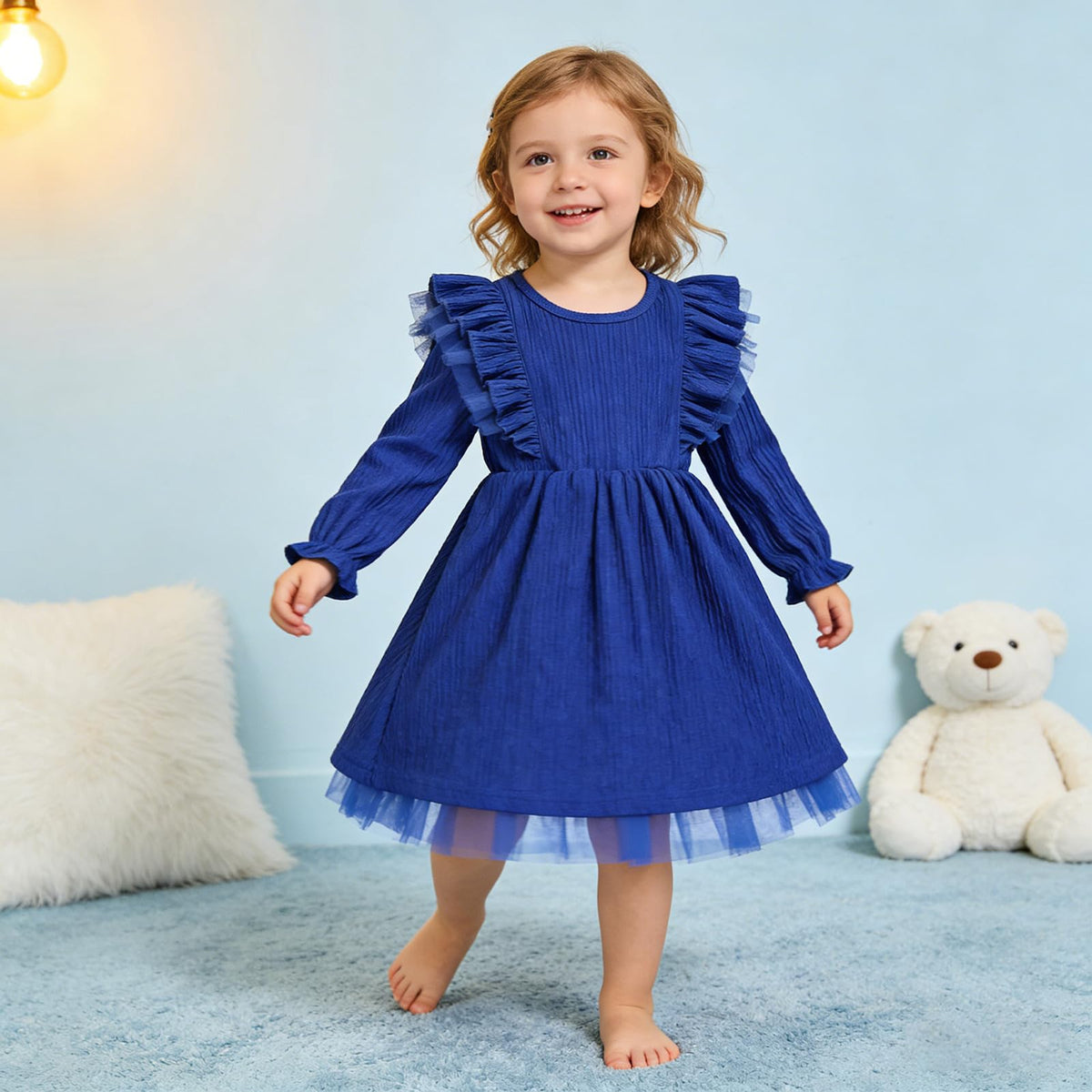 Toddler Girl Dress Fall Ruffle Long Sleeve Baby Girl Solid Color Casual Dresses