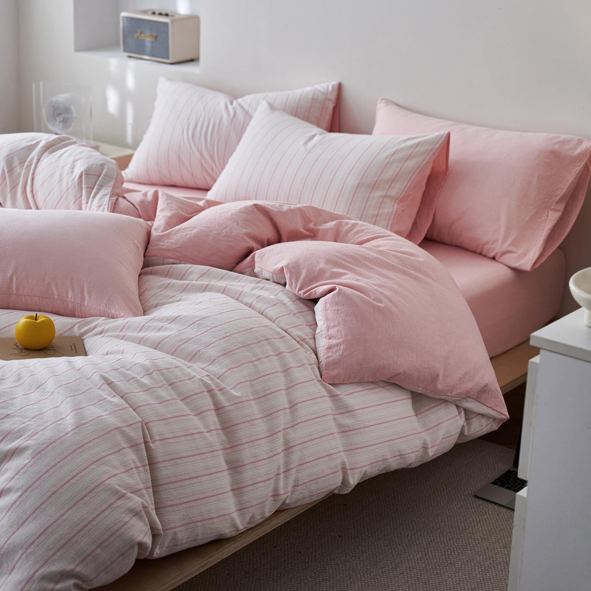Pink Striped Duvet Cover, Cottagecore 100% Washed Cotton Duvet Cover