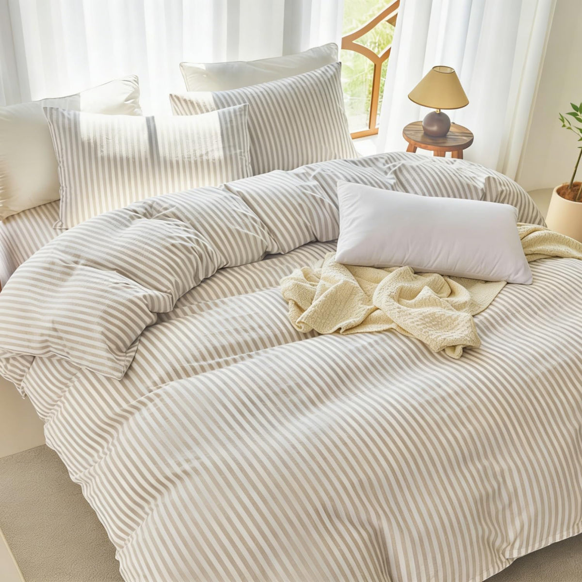 Striped Duvet Cover Set 100% Washed Cotton Linen Feel Natural Wrinkles Lightweight Comfy (, Linen Grey White