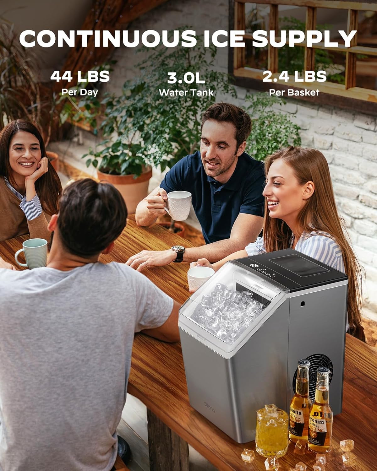 Ice Makers Countertop, 44lbs Per Day, 2 Ways to Add Water, Auto Self-Cleaning, Stainless Steel Ice Machine Bar Party