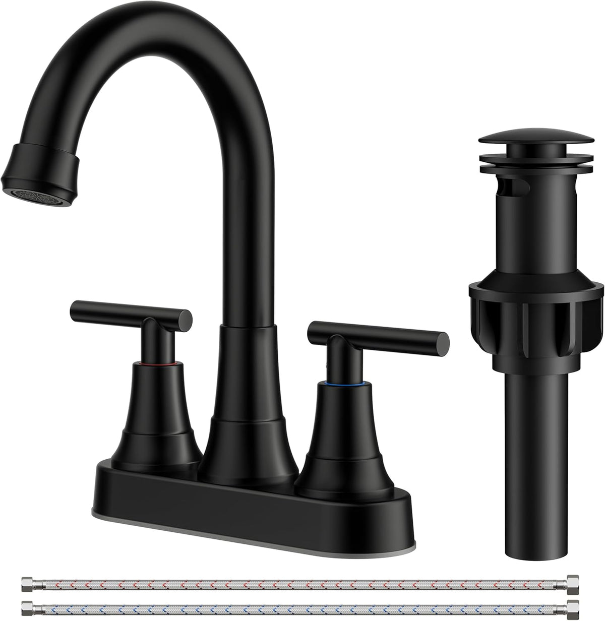 Matte Black Bathroom Faucets, 4 Inch Centerset Bathroom Sink Faucet 2 or 3 Hole with Pop up Drain and cUPC Hose
