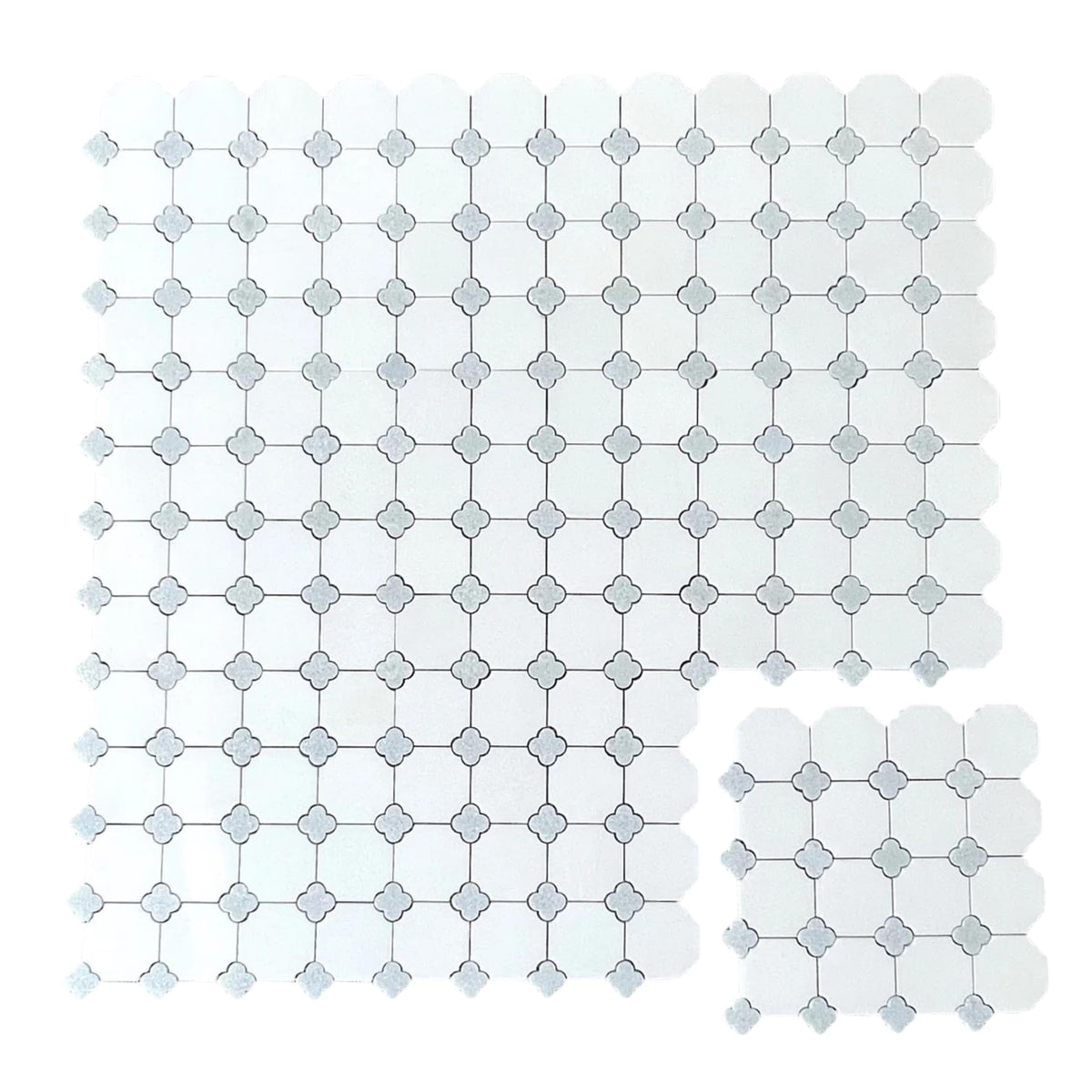 Polished Marble Mosaic Tile 12.75" x 12.75" - White Marble with Blue Clover Inlay, Mesh Mounted Wall & Floor Tile (5