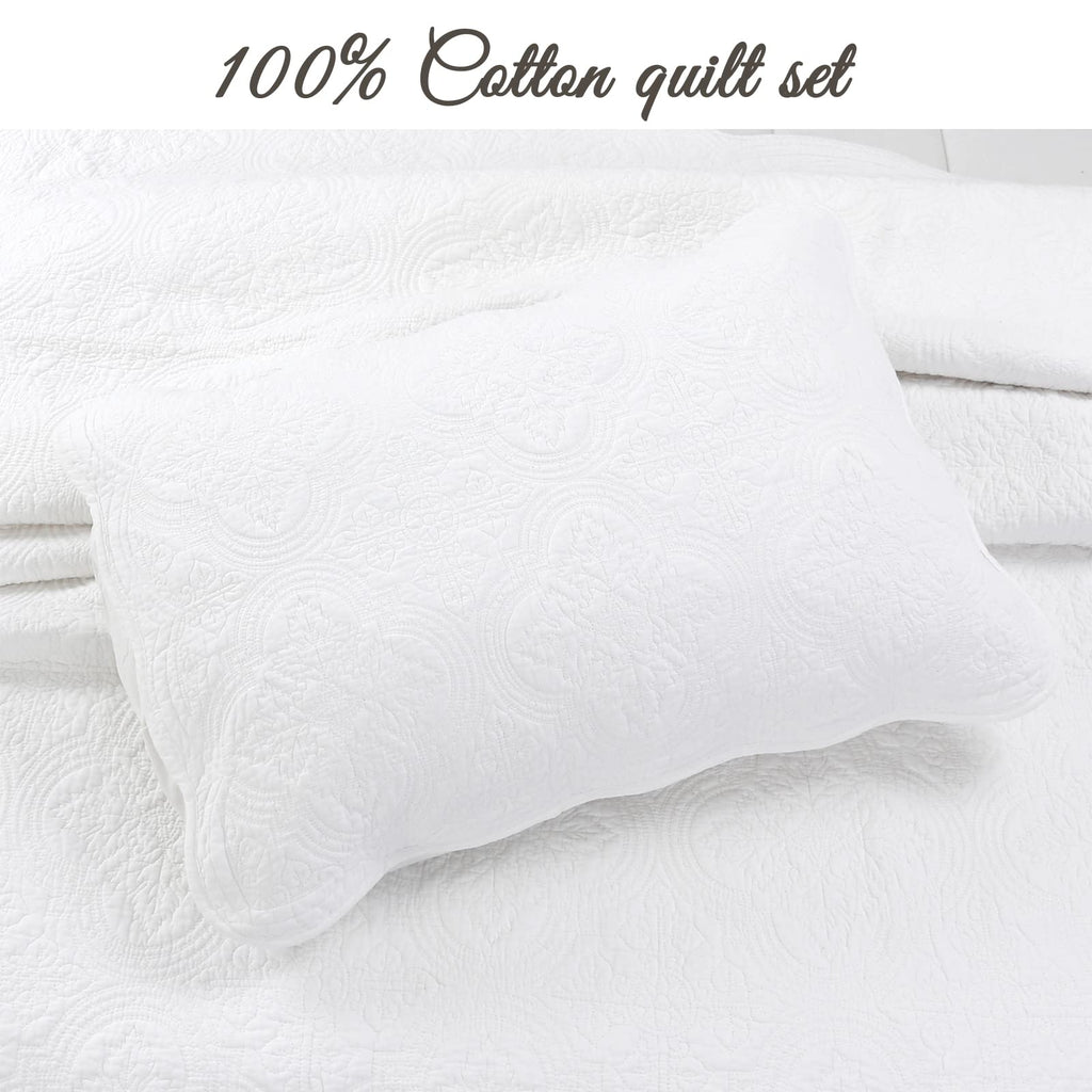 100% Cotton Victorian Medallion Solid White Matelasse Embossed Bedding Quilt Set, Reversible Lightweight Bedspread