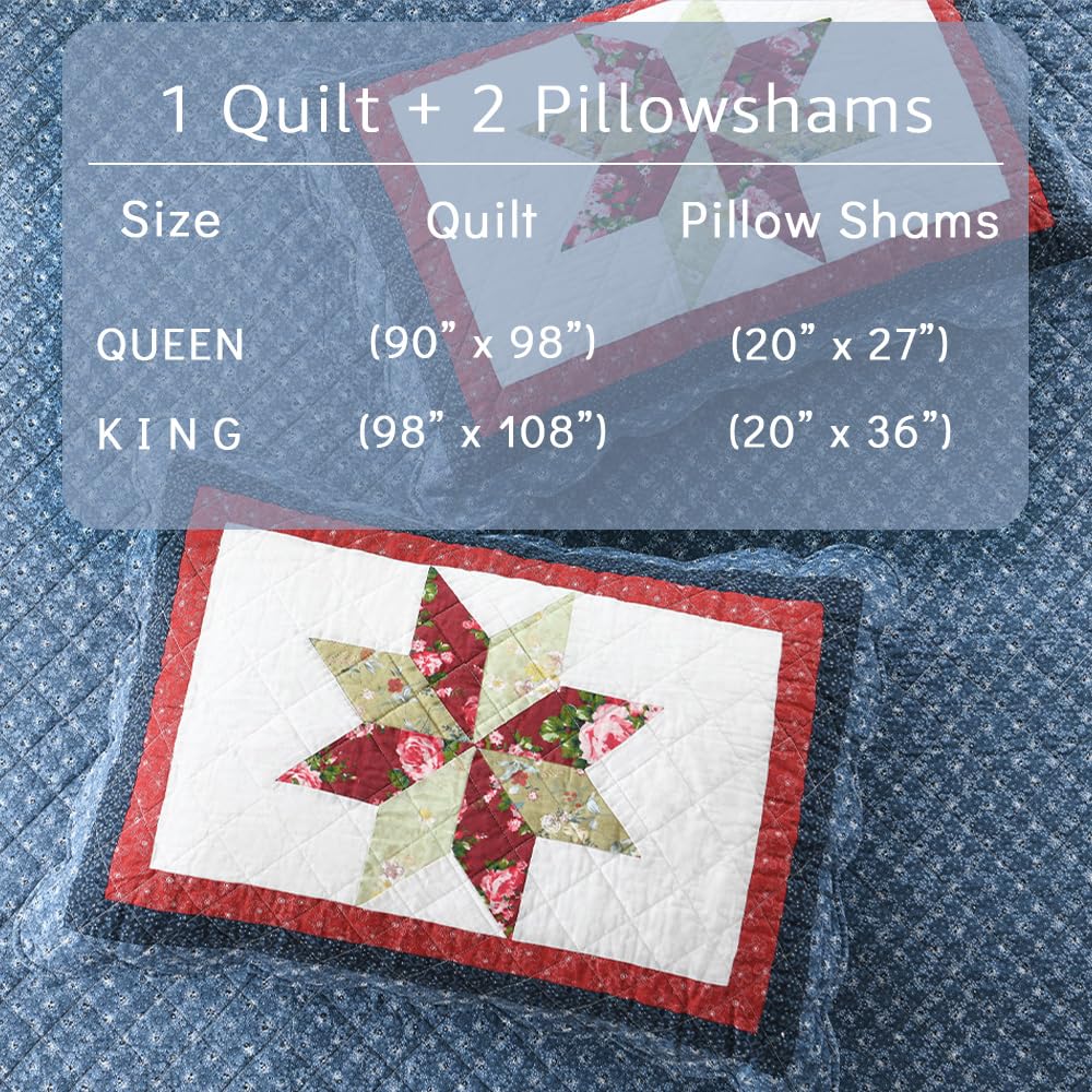 Cotton Quilt Bedding Sets 3 Pieces Soft Reversible Coverlets Luxury Star Handmade Real Patchwork Red Blue Bedspread