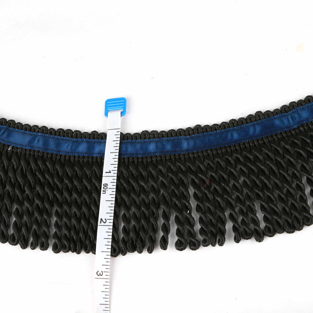 2.5" Wide Bullion Fringe Trim with Blue Ribbon,Black - 10 Yard