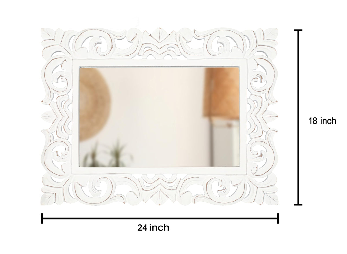 Lightnpro Hand Carved Rectangular Wall Mirror - 18×24 Inch Rustic Farmhouse Wood Frame with Antique White Finish