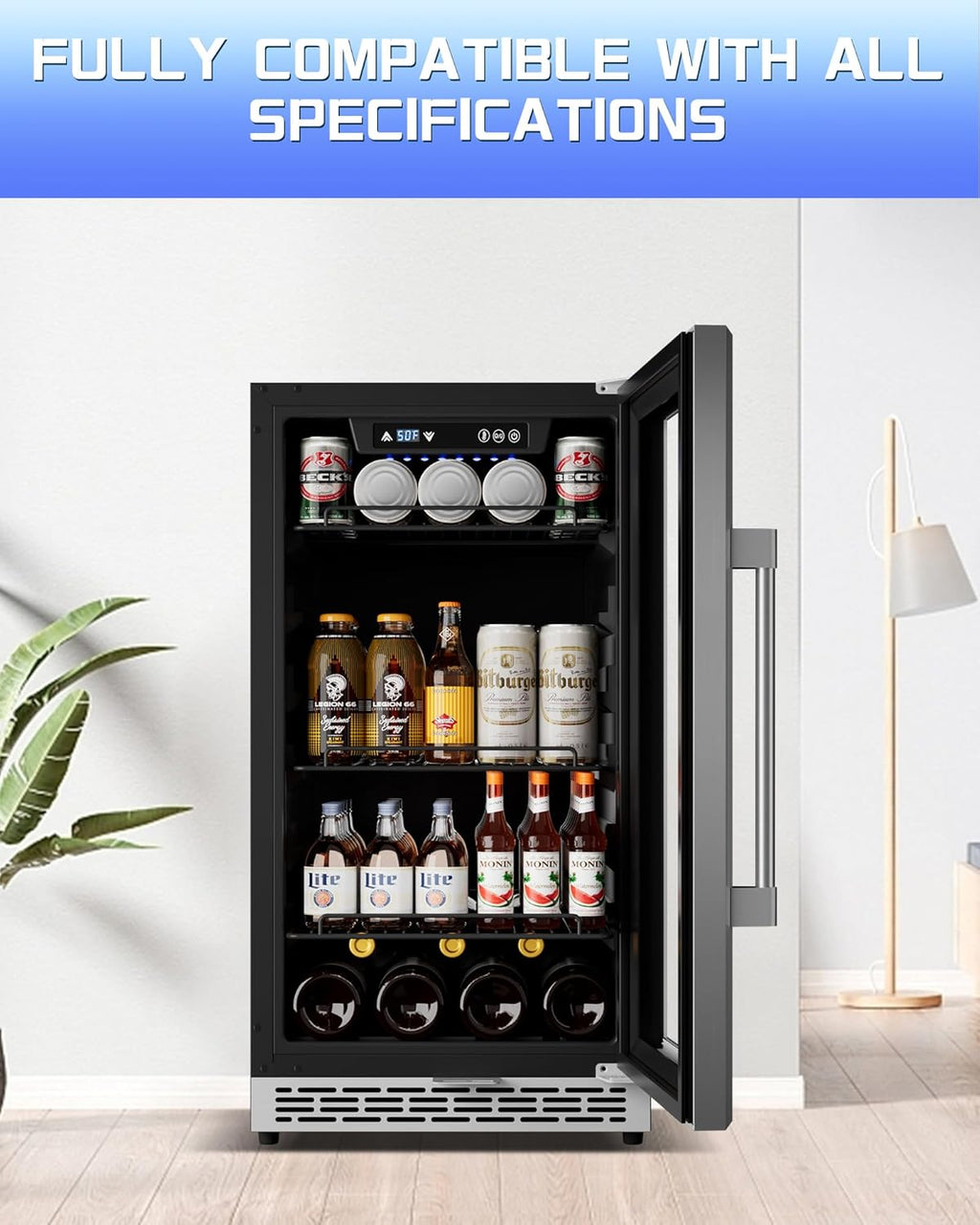 18-inch under-counter beverage refrigerator - 140-Can & 20-Bottle Capacity, Dual-Zone Built
