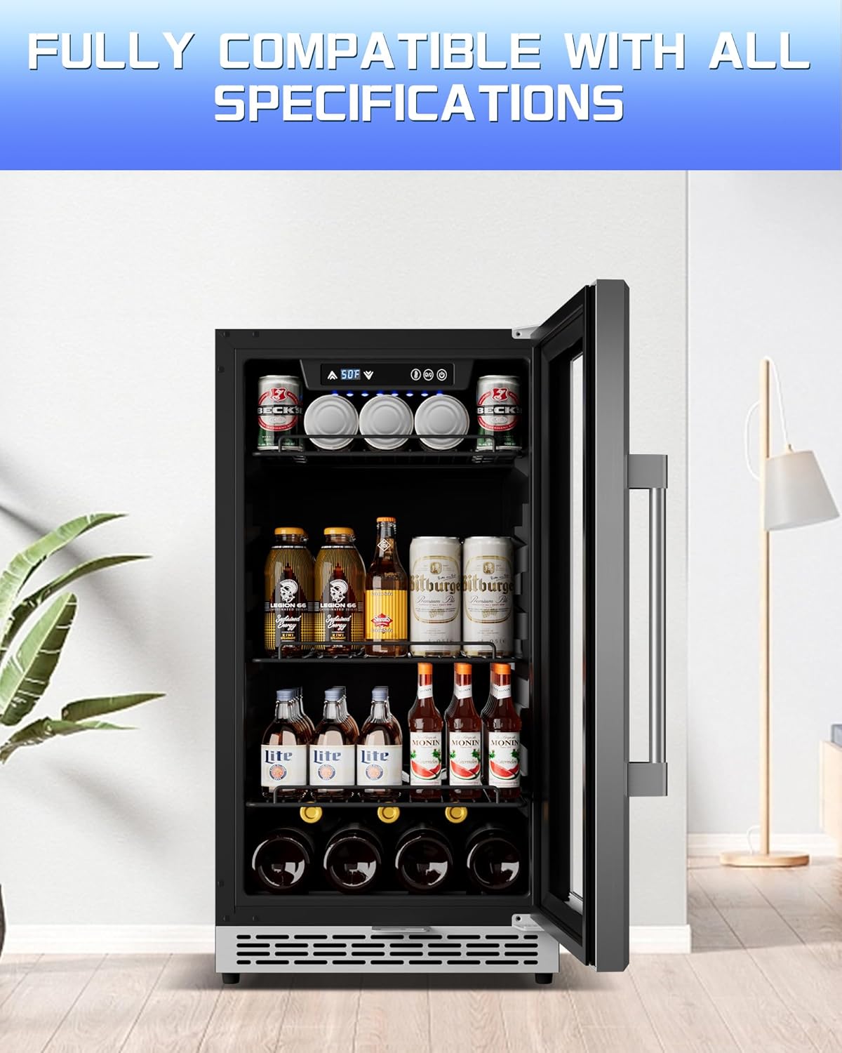 18-inch under-counter beverage refrigerator - 140-Can & 20-Bottle Capacity, Dual-Zone Built