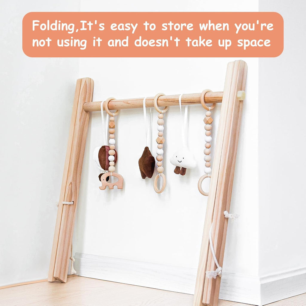 Wooden Baby Play Gym Play Mat Foldable with 6 Hanging Toys for Shower Gift