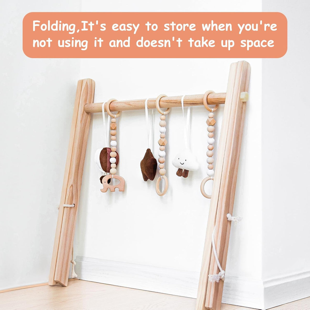 Wooden Baby Play Gym Play Mat Foldable with 6 Hanging Toys for Shower Gift
