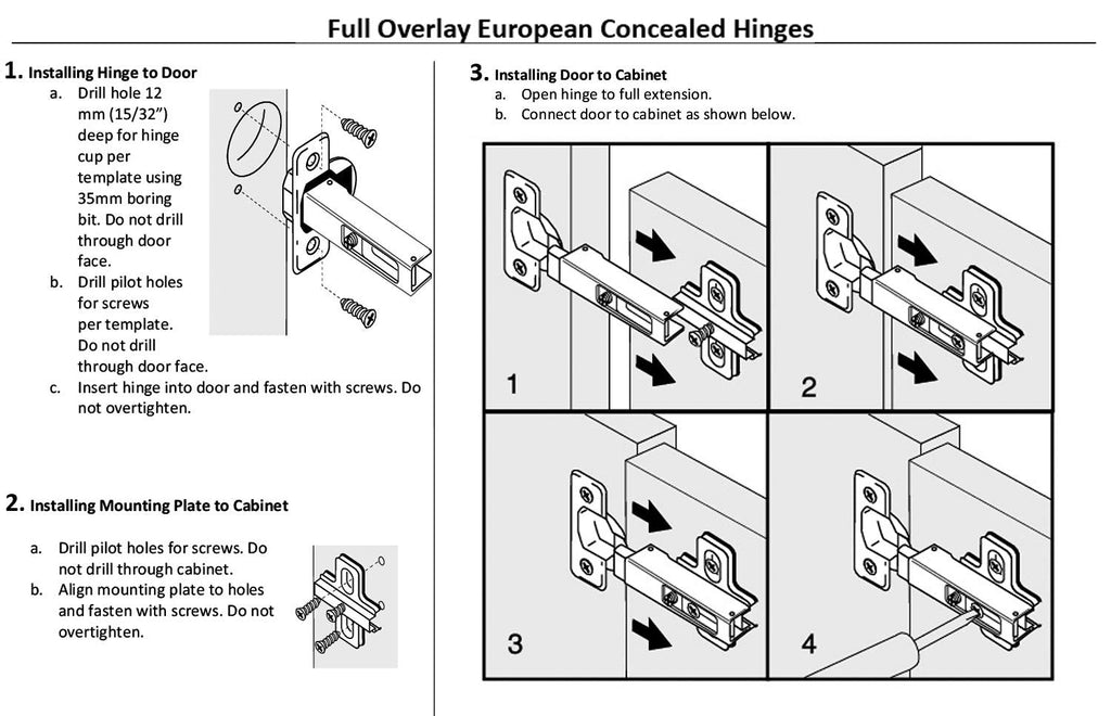 (10 Pieces) Full Overlay Frameless European Hinges 105 Degree 2-Cam 4-Way Adjustable Concealed Kitchen Cabinet Door