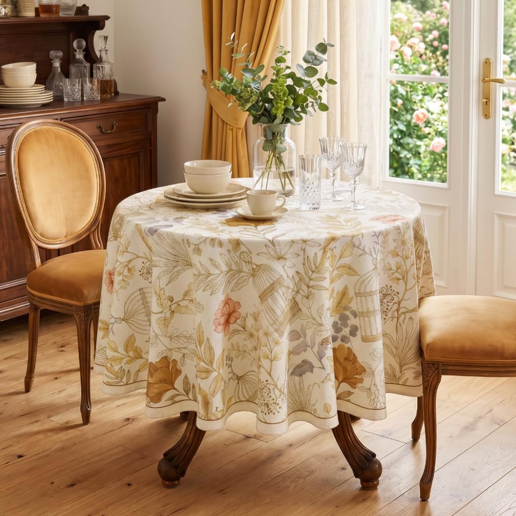 Designer French Farmhouse Fall Tablecloth, Round, Diameter 55"