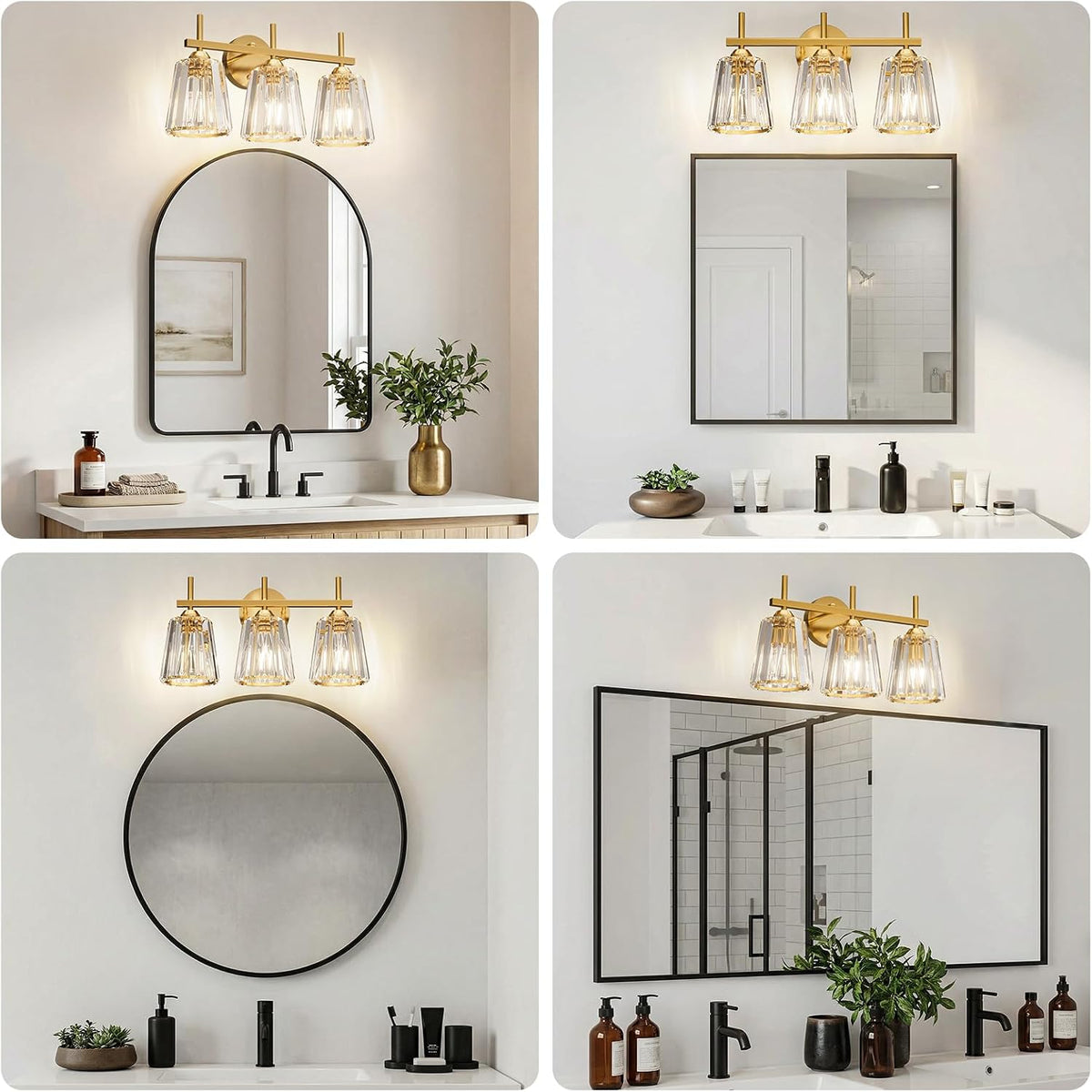 Crystal Bathroom Light Fixtures Over Mirror, Gold 3-Light Bathroom Vanity Lights Over Mirror Modern Wall Lighting