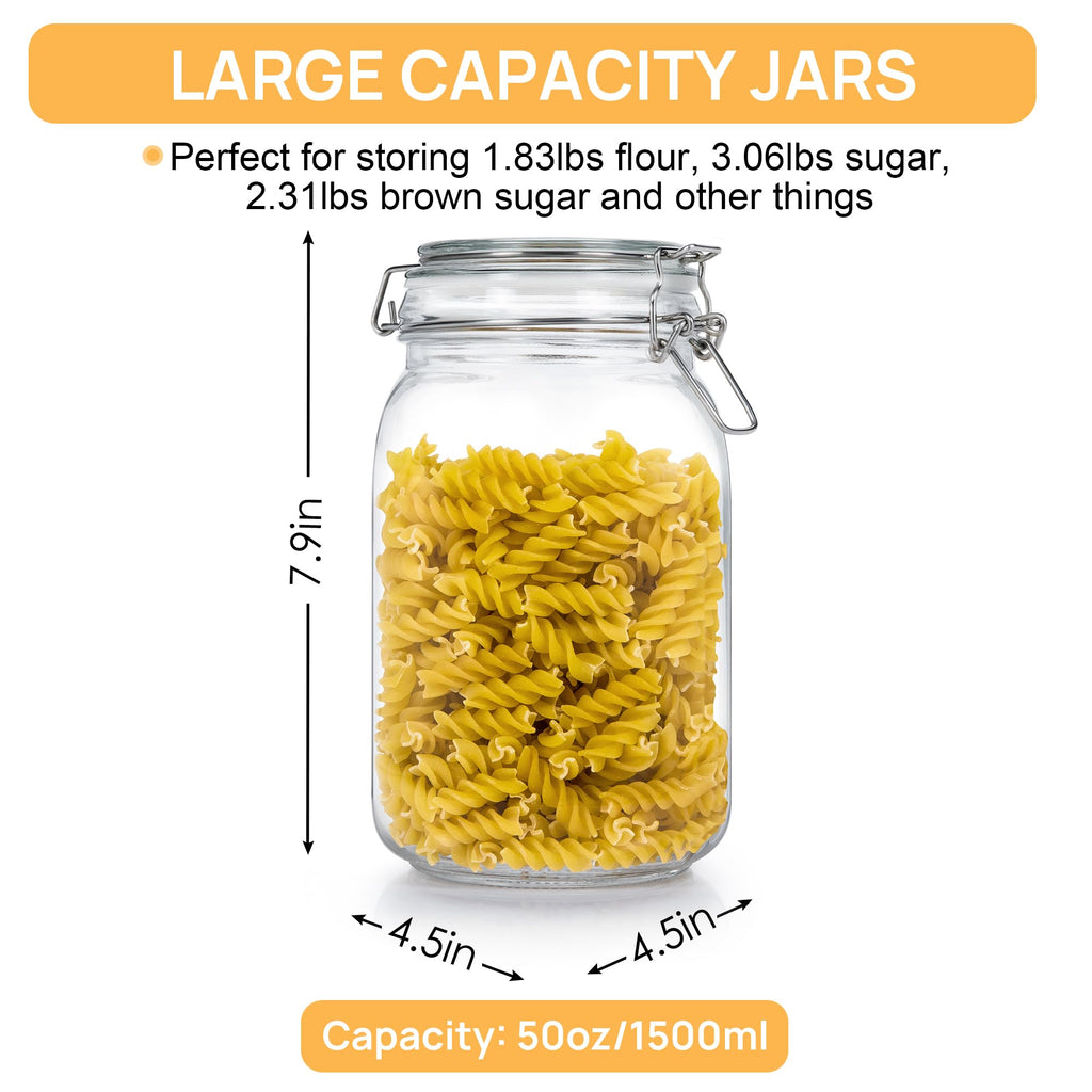 50oz Glass Food Storage Jars with Airtight Clamp Lids, 3 Pack