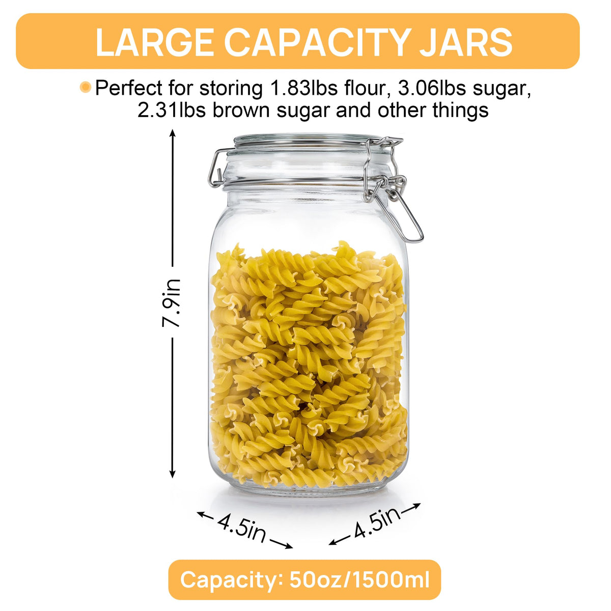 50oz Glass Food Storage Jars with Airtight Clamp Lids, 3 Pack