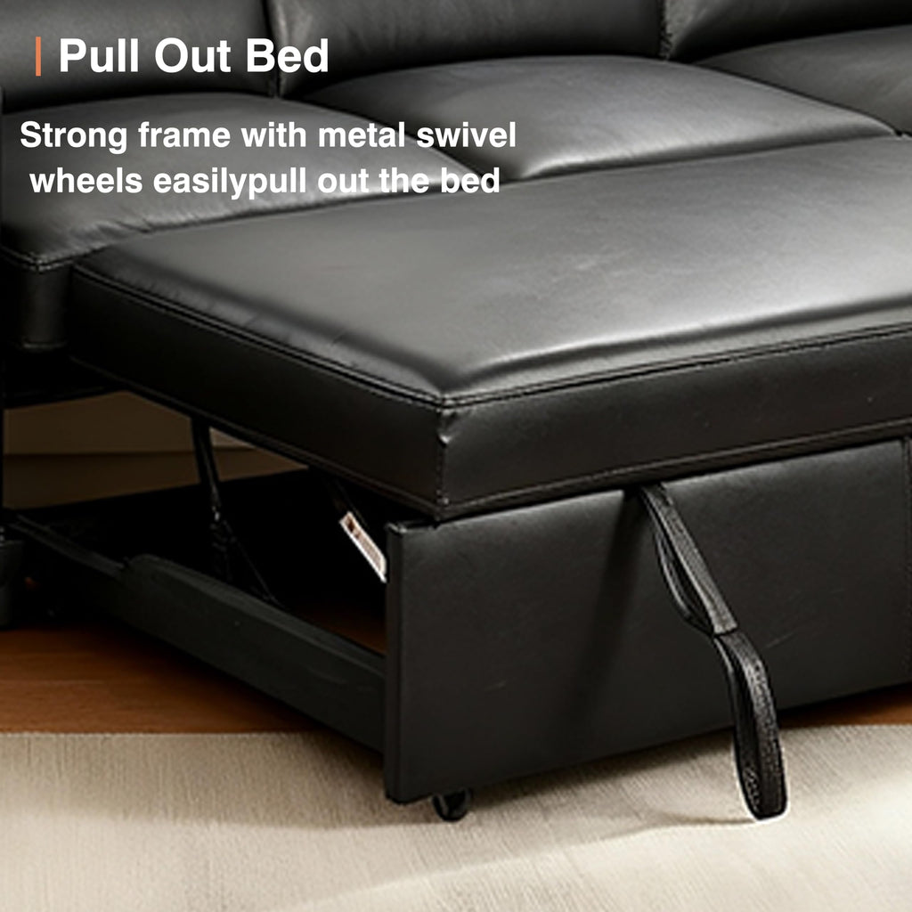 102'' Black Leather L Shaped Sectional Sleeper Sofa with Pull Out Bed