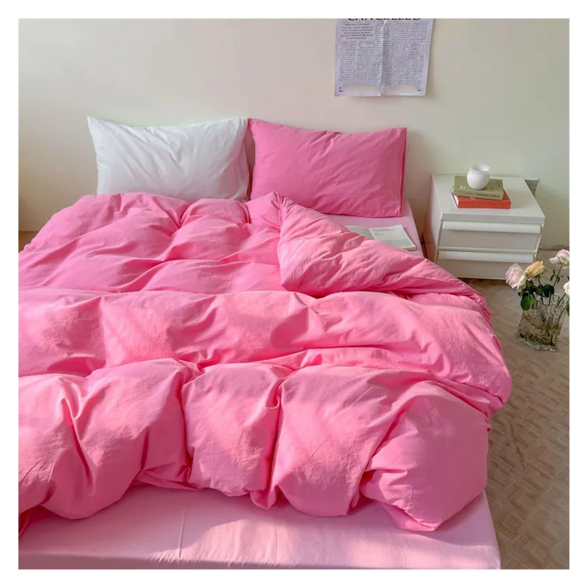 Cotton Waffle Jacquard Bright Color Four Piece Set Washed Cotton Bed Sheet and Quilt Cover, Bed Sheets