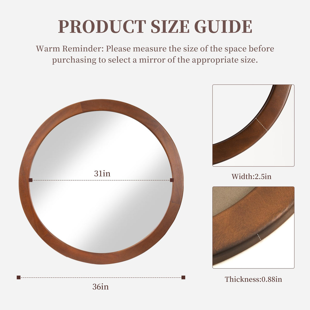 Round Mirror 36 Inch,Wood Rustic Bathroom Wall Mirror with Walnut Frame