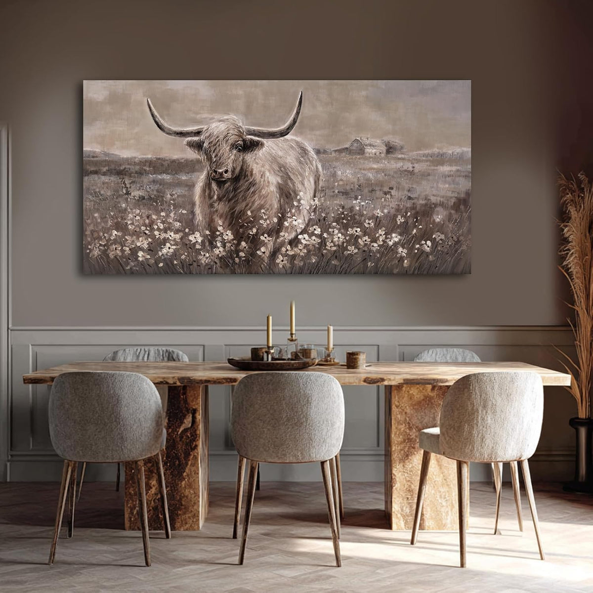Beige and Brown Highland Cow Canvas Wall Art - 24x48 Inch Framed Large Painting for Rustic Farmhouse Living Room