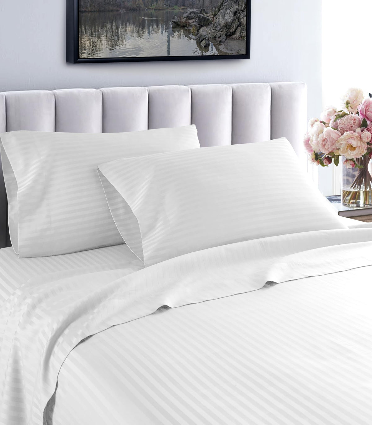 1200 Thread Count 100% Egyptian Cotton Superior Wrinkle Resistant 4PC Stripe Bed Sheet Set (Queen, White)