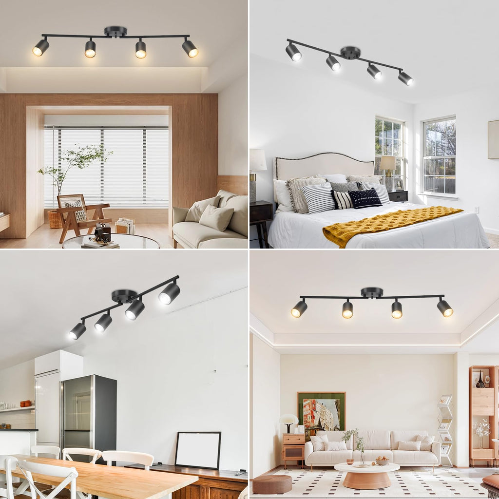 LED 4 Light Track Lighting Kit, Black 4 Way Ceiling Spot Lighting, Flexibly Rotatable Light Head, Bulb Not Included
