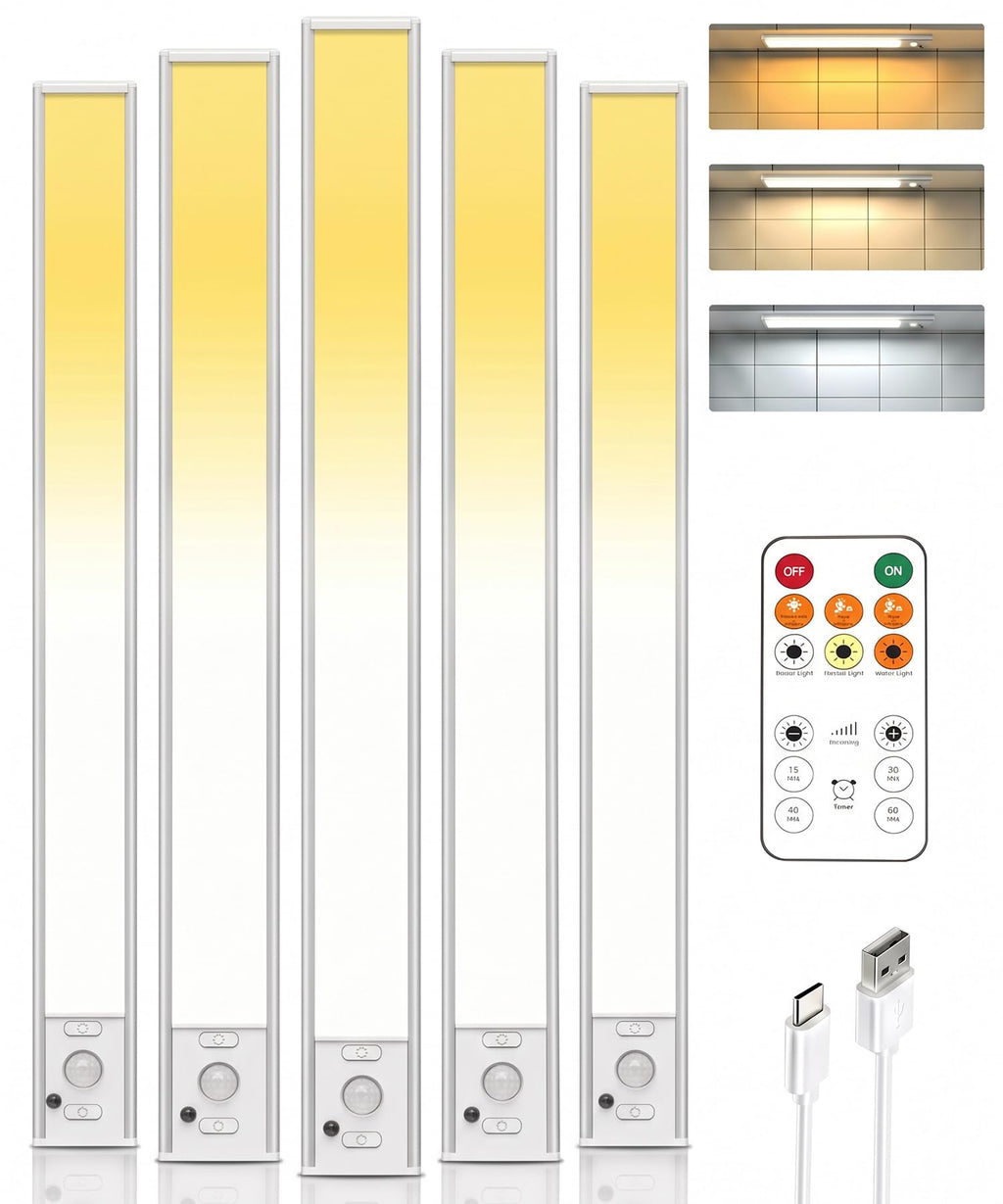 Rechargeable Under Cabinet Lighting with Remote 5 Pack Motion Sensor Light