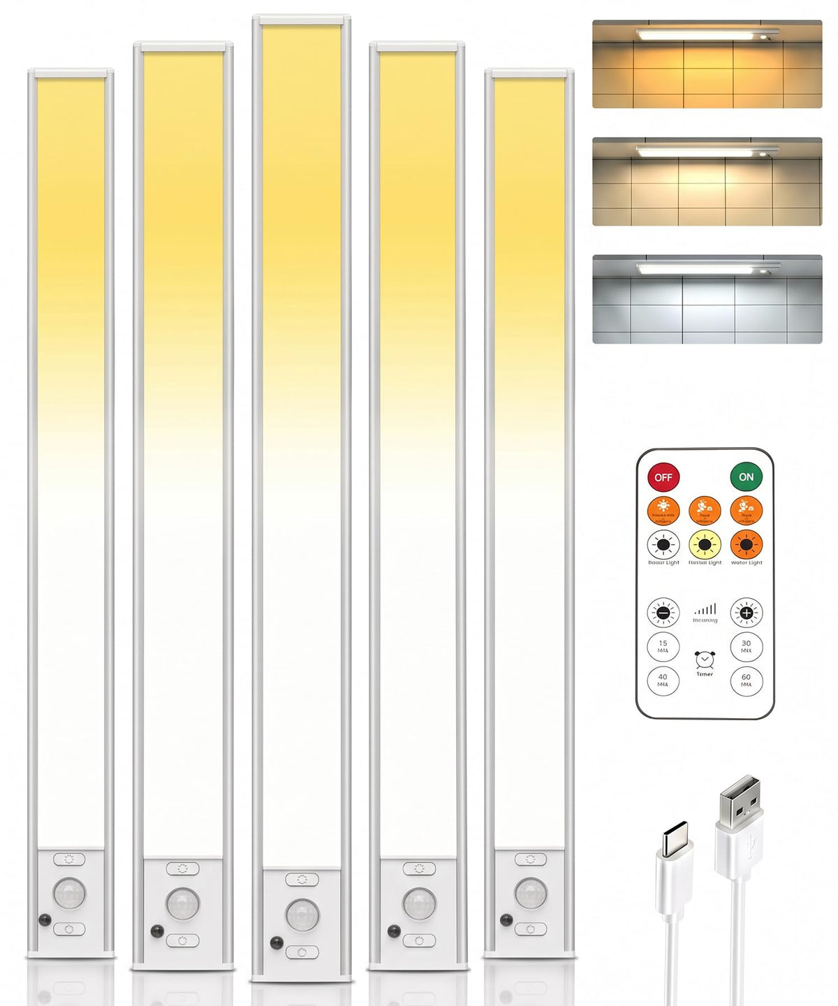 Rechargeable Under Cabinet Lighting with Remote 5 Pack Motion Sensor Light