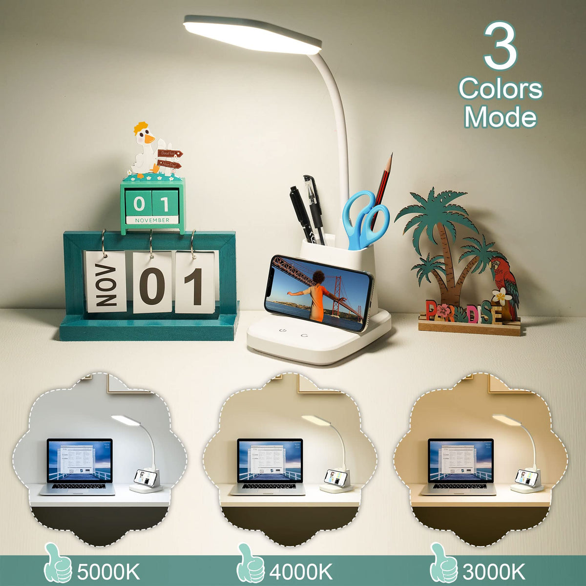 Upgraded 10W Wireless Charging LED Desk Lamp with Pen Holder, White