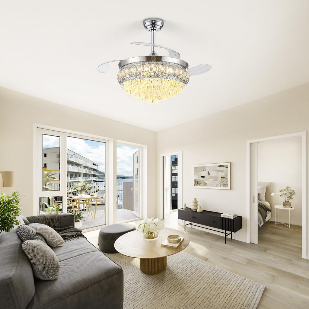 42" Crystal Retractable Ceiling Fan with Light & Remote