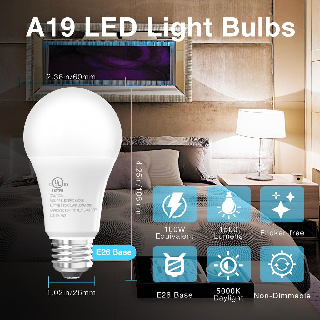 24 Pack LED Bulbs Daylight White 5000K, 100 Watt Equivalent A19 Standard Bulbs, E26 Base, 1500 LM, Efficient 15W