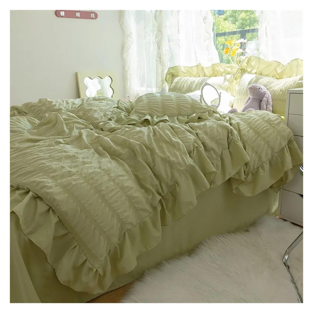 Ultra Soft Seersucker Fabric Ruffle White Bedding Set Double 4Pcs Quilt Duvet Cover Flat Bed Sheet 2