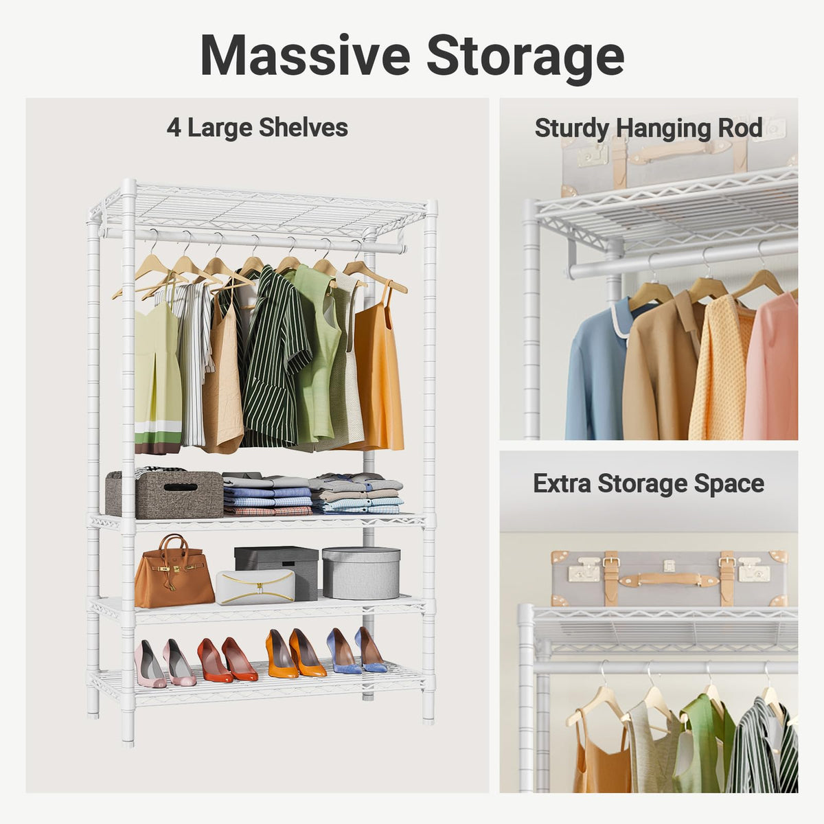 V1 4-Tier Clothes Rack with Hanging Rod, Freestanding Closet, White