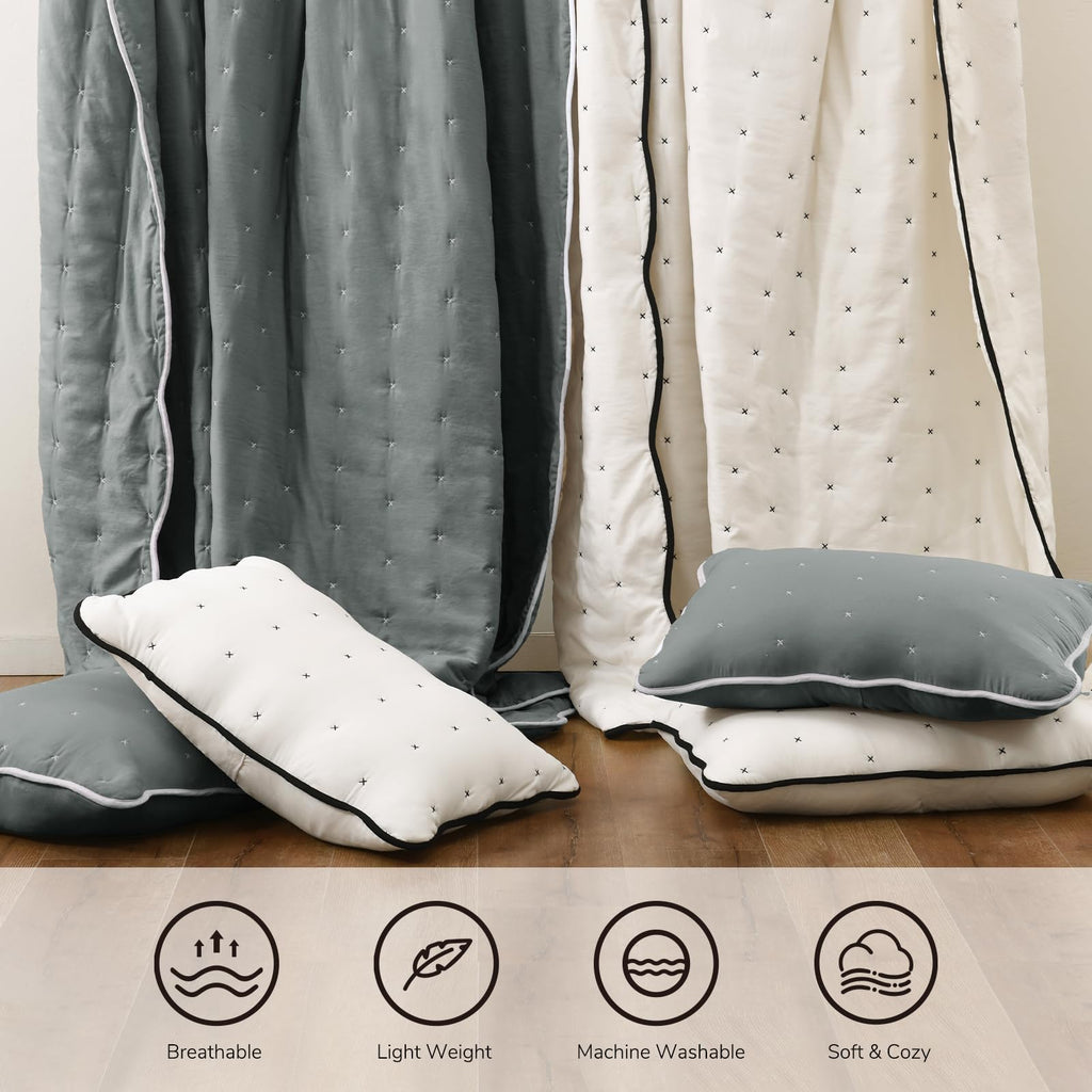Pre-Washed Quilt Grey, Soft Microfiber Bedspread Quilted Thin Comforter with Scalloped Ruffle Edge