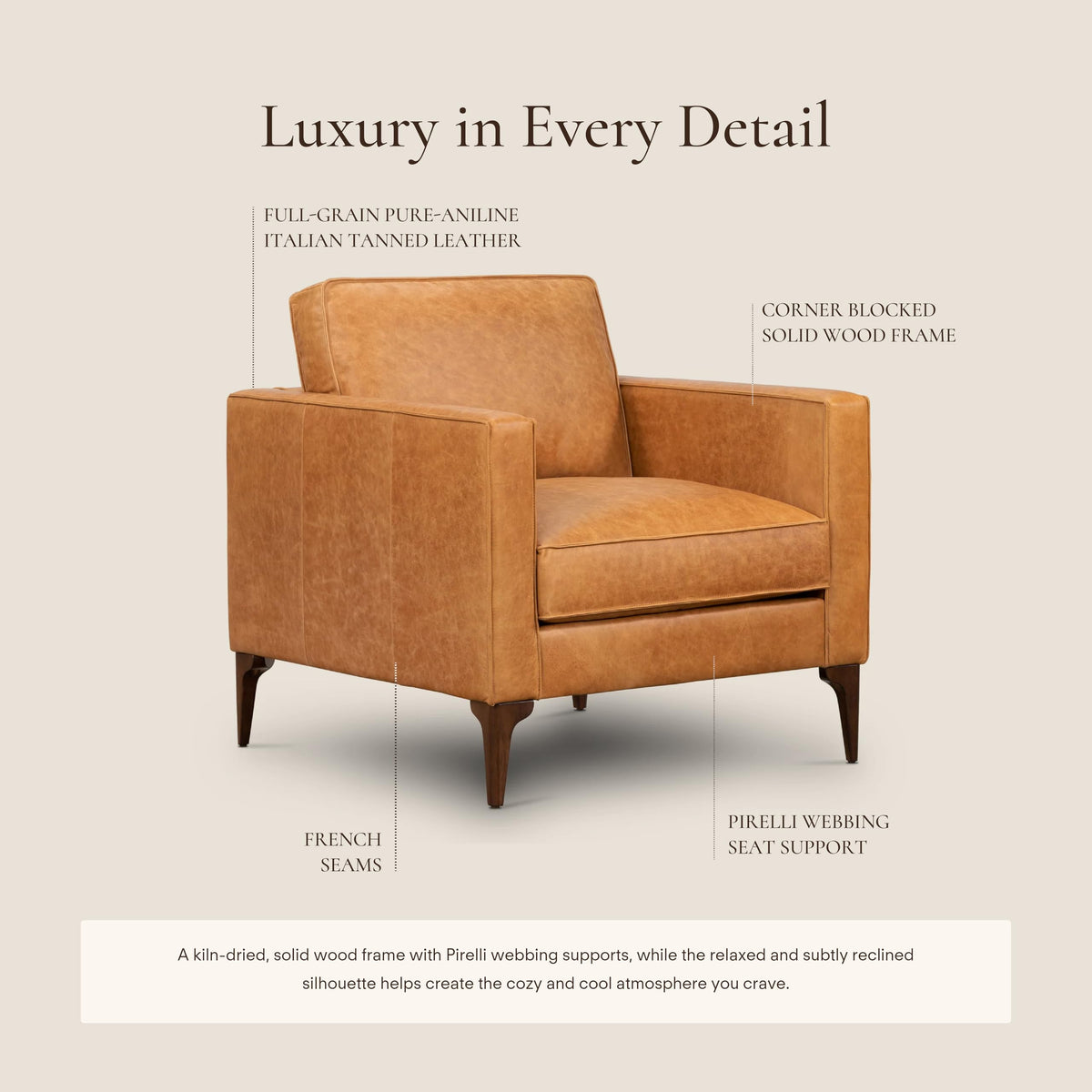 & BARK Mateo Leather Lounge Chair - Cognac Tan Full-Grain Leather Upholstery - Modern Upholstered Accent Chair