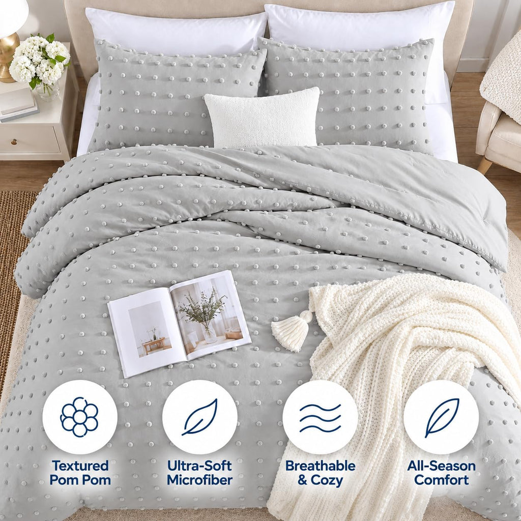 Home Comforter Set, Tufted Pom Poms, Gray