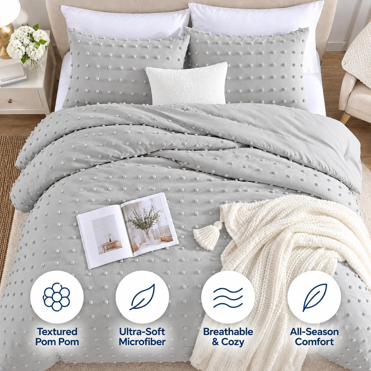 Home Comforter Set, Tufted Pom Poms, Gray