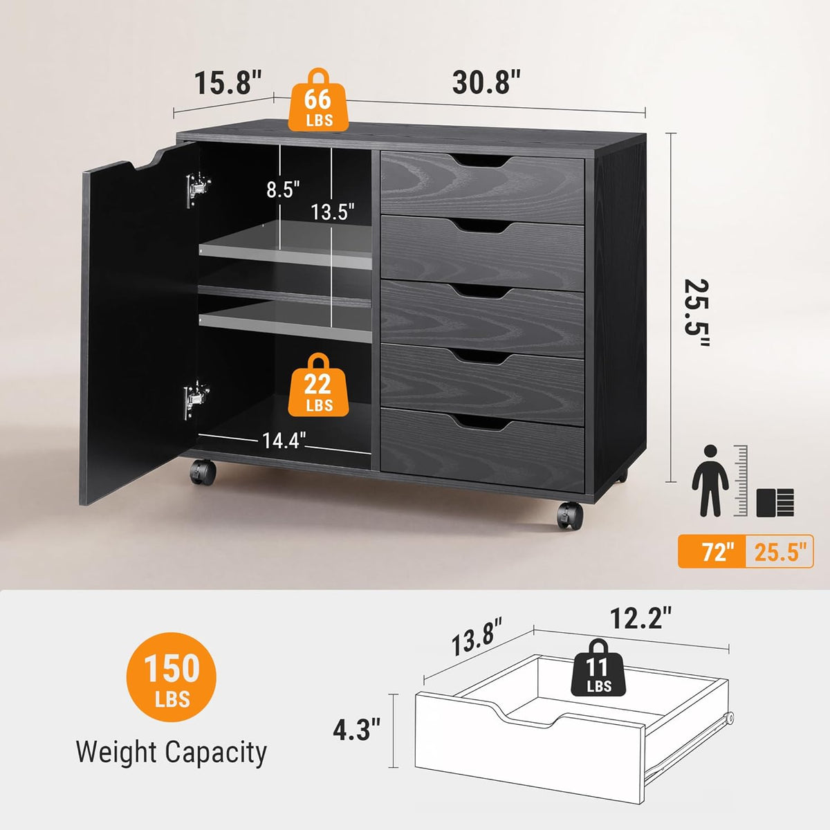 5-Drawer Wood Drawer Cabinet, Office Storage Cabinet, Black | Craft Storage Cabinet, Under Desk Drawer, Rolling Cart