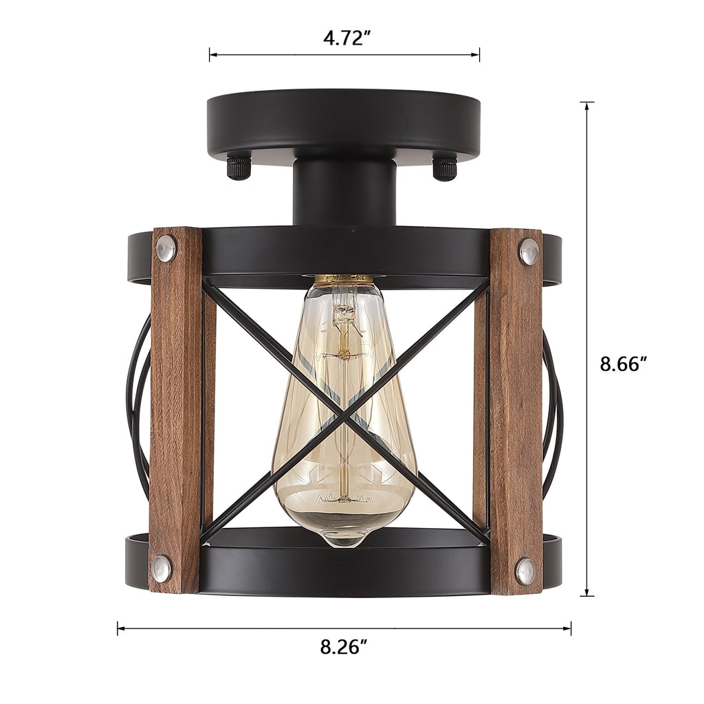 Farmhouse Wood Flush Mount Ceiling Light Fixture Oak Wood and Metal Round Cage Small Semi Flush Mount Ceiling Light